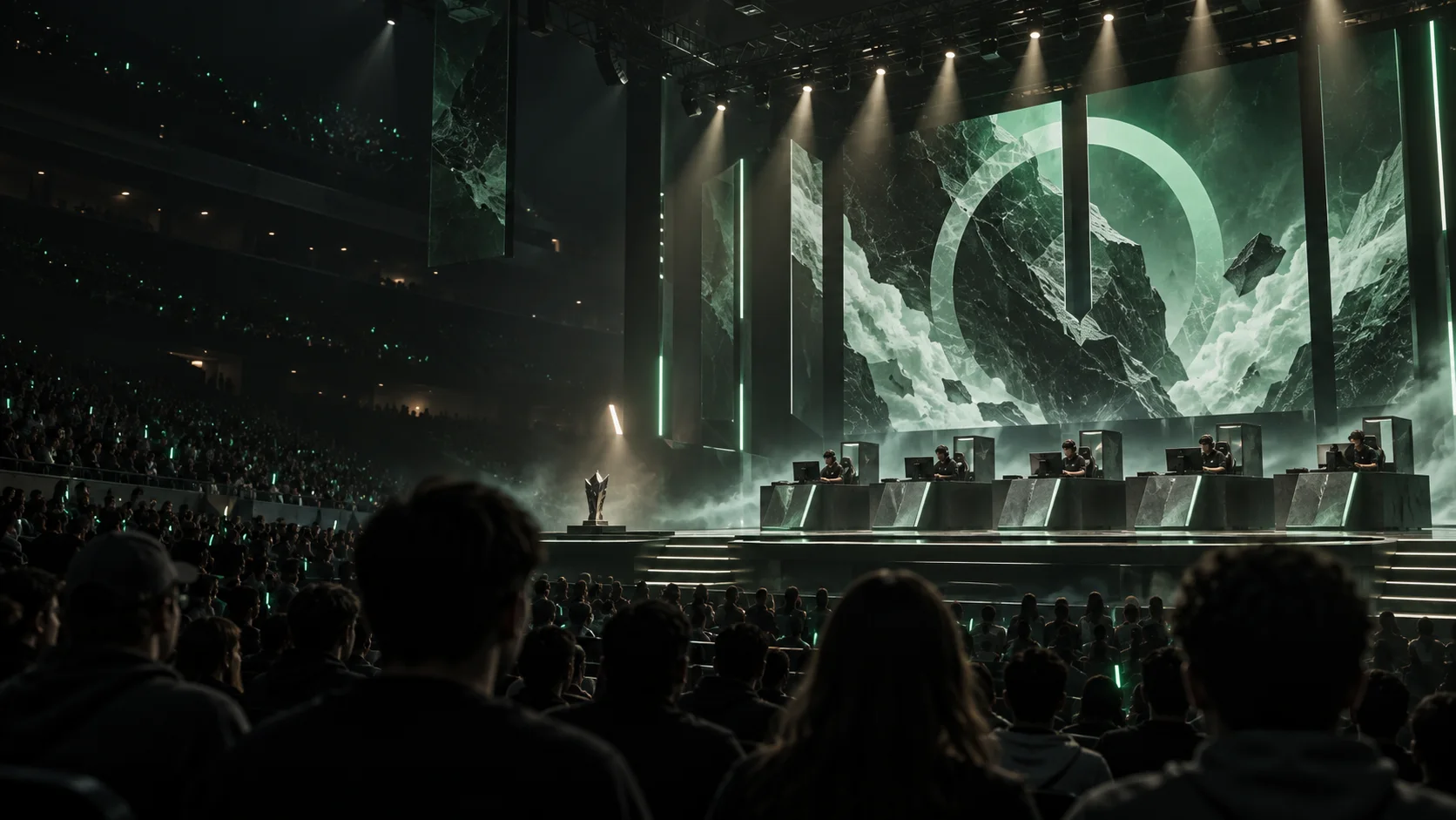 Original illustration of an esports arena with a mint-lit stage and audience